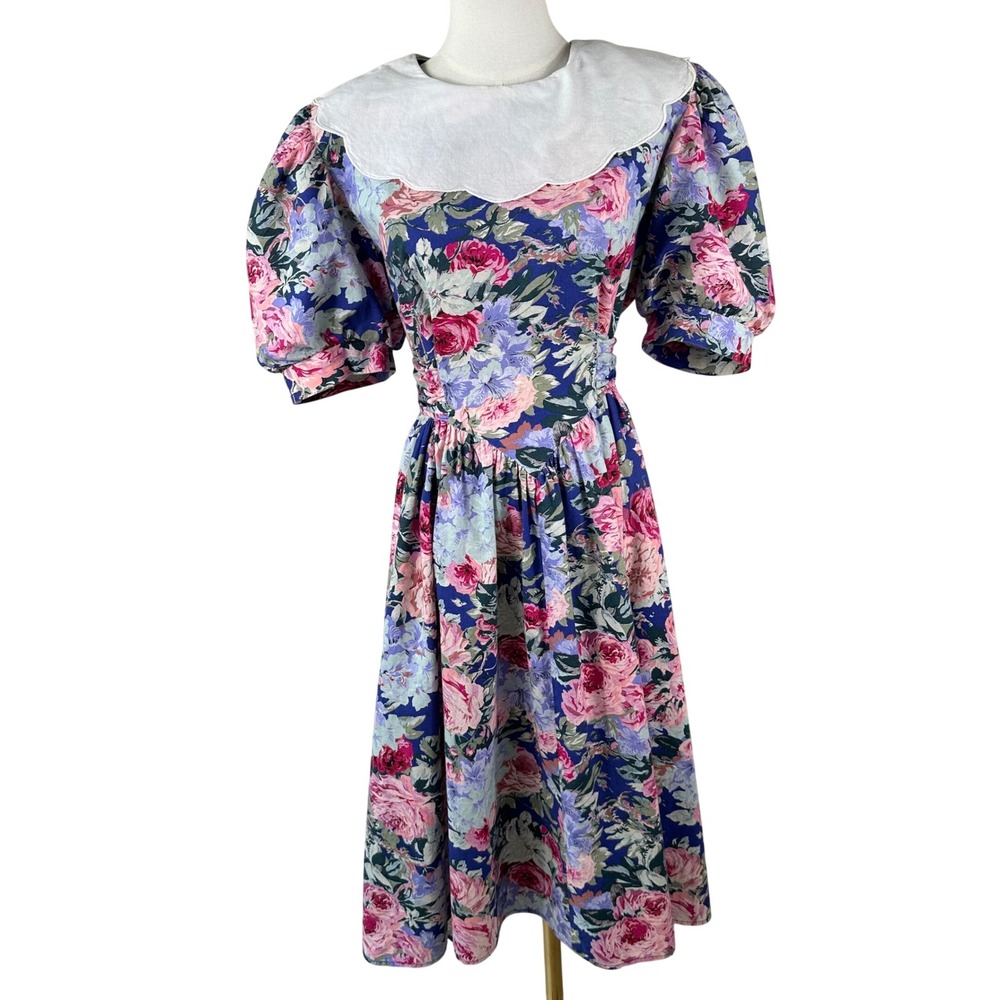 VTG Betsy's Things Midi Dress Women 10 Blue Floral Scalloped Bib Collar Puff 80s